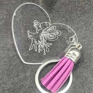 Hand Crafted Keychain  Engraved Clear Acrylic Bag Charm, Zipper Pull Fairy